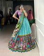 Turquoise Blue & Purple Tussar Silk Kalamkari Lehenga Choli with Elegant Foil Work