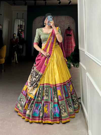 Majestic Sapphire & Gold Kalamkari Dola Silk Lehenga – A Celebration of Heritage & Elegance