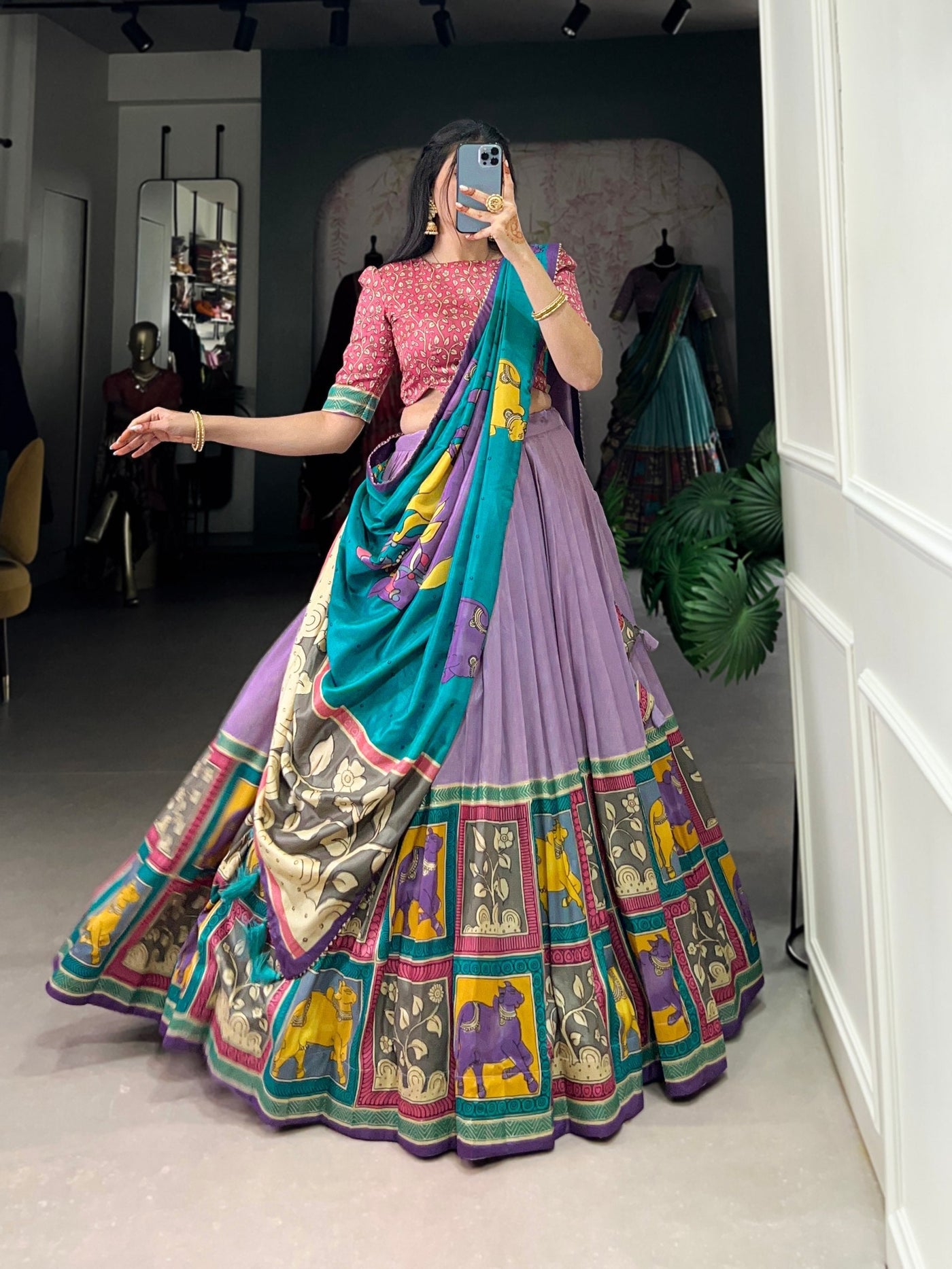 Royal Lilac & Azure Blue Kalamkari Tussar Silk Lehenga Set