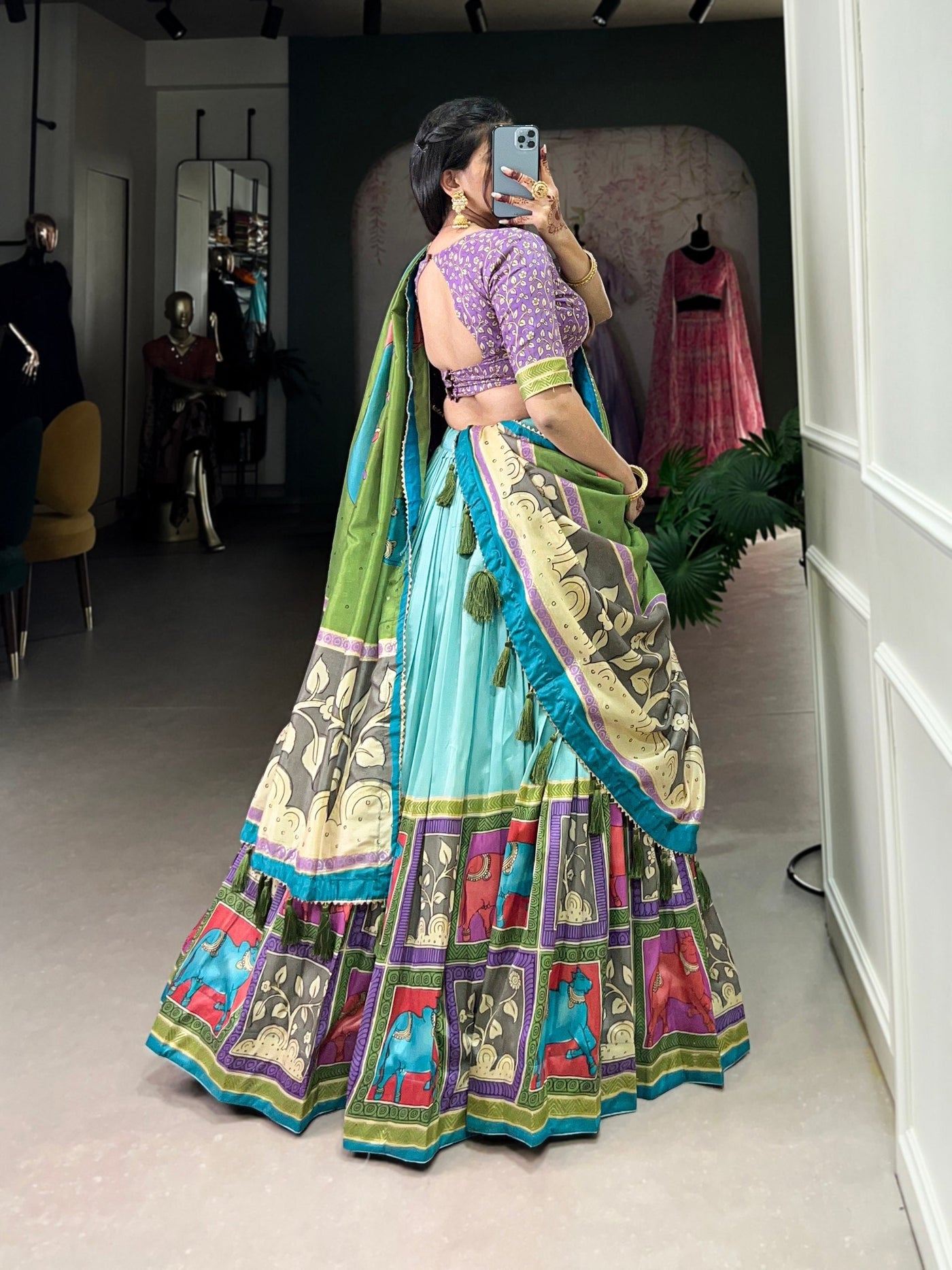 Turquoise Blue & Purple Tussar Silk Kalamkari Lehenga Choli with Elegant Foil Work