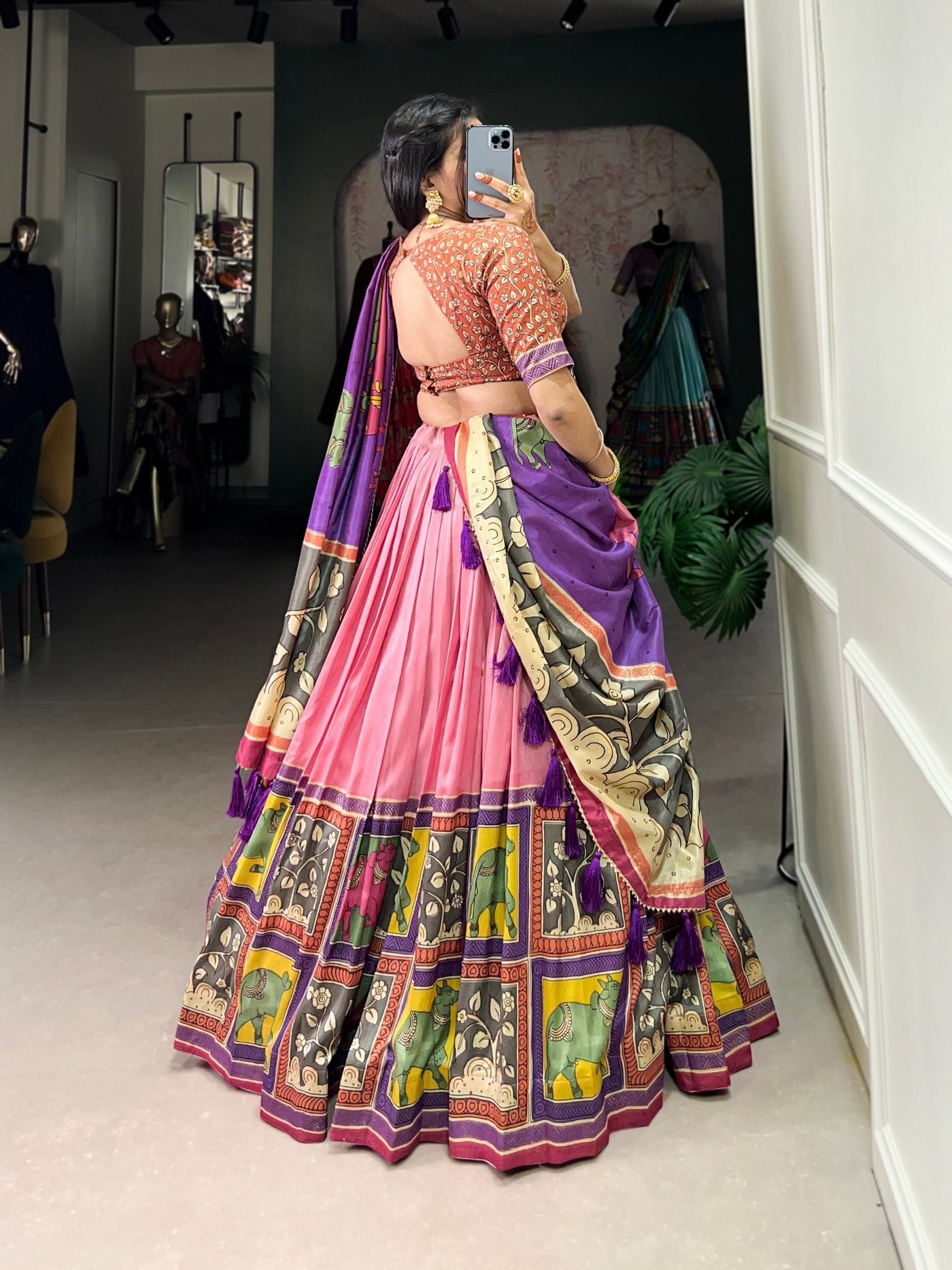 Blush Pink & Lilac Kalamkari Dola Silk Lehenga Set – A Graceful Symphony of Heritage & Elegance