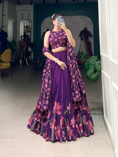 Royal Plum Blossom Tussar Silk Lehenga Set – A Floral Symphony of Elegance & Grace