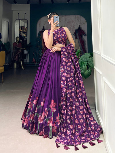 Royal Plum Blossom Tussar Silk Lehenga Set – A Floral Symphony of Elegance & Grace