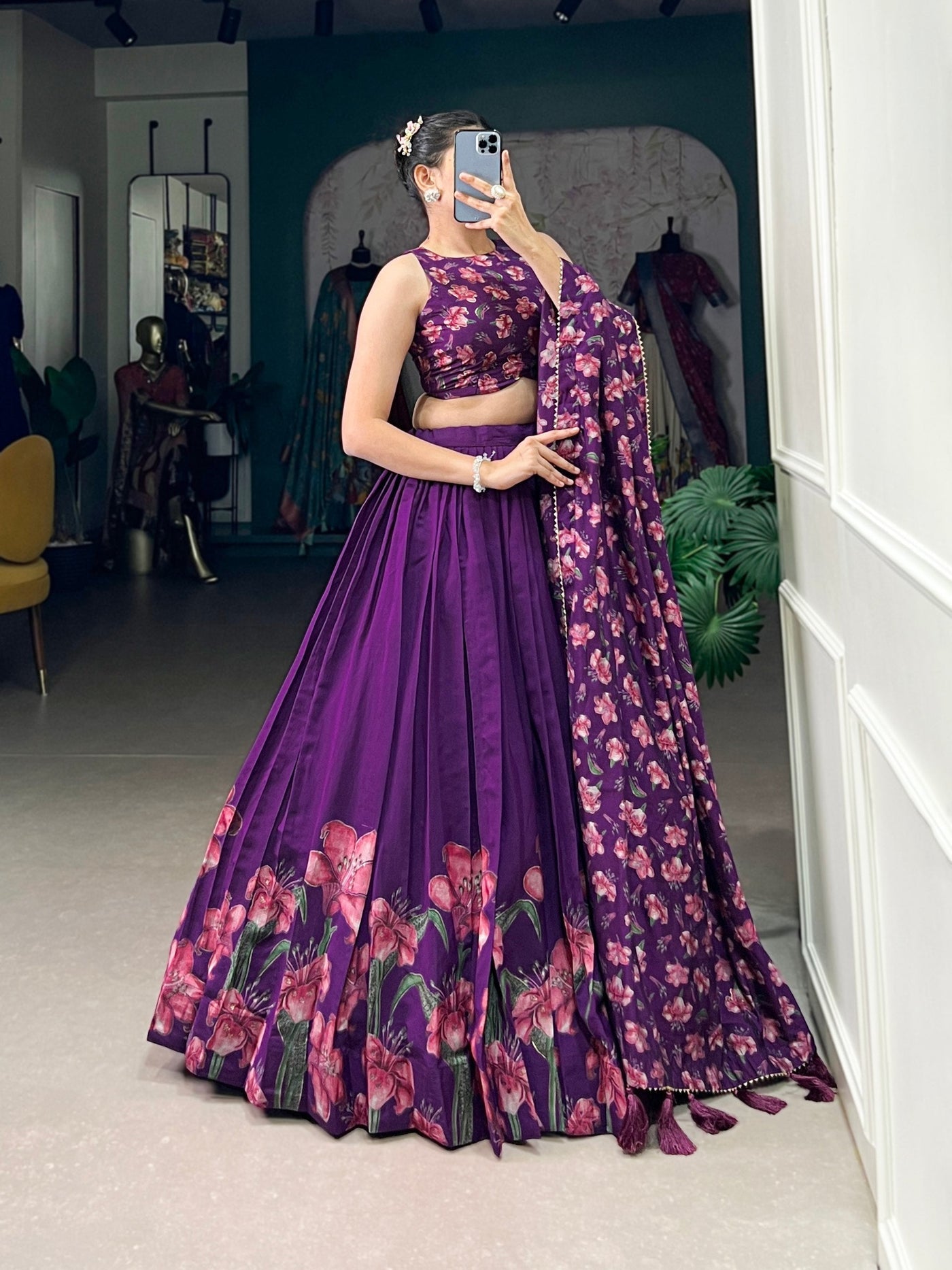 Royal Plum Blossom Tussar Silk Lehenga Set – A Floral Symphony of Elegance & Grace