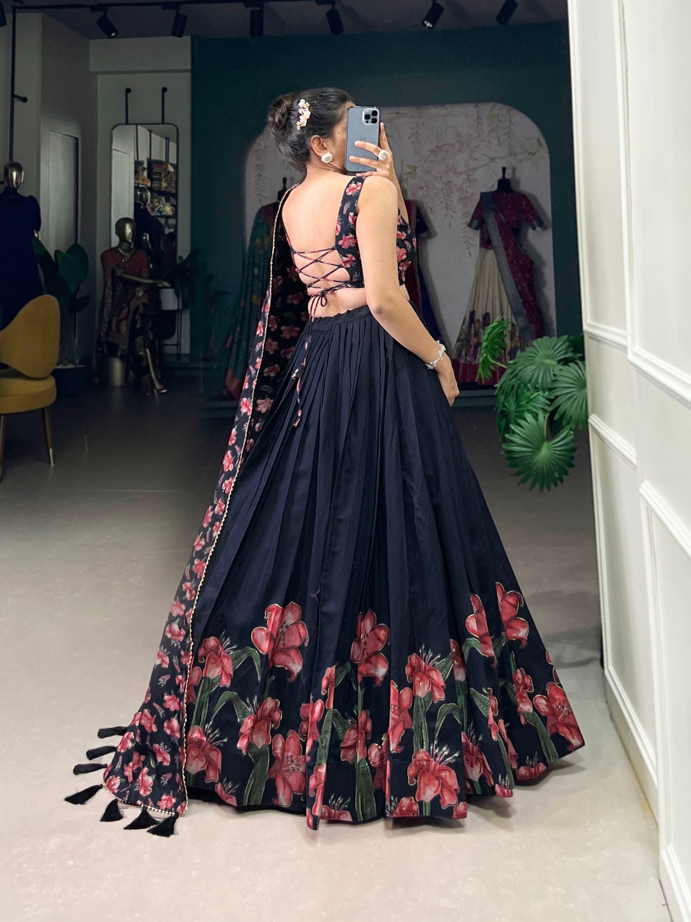 Navy Blue & Scarlet Floral Tussar Silk Lehenga Set – A Statement of Grace & Elegance