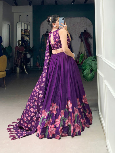 Royal Plum Blossom Tussar Silk Lehenga Set – A Floral Symphony of Elegance & Grace