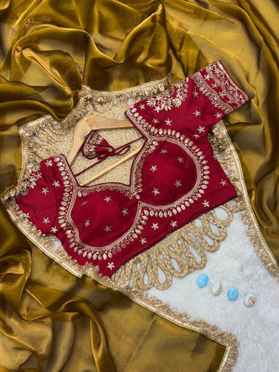 Golden Shine Tissue Saree with Maroon Embroidered Blouse