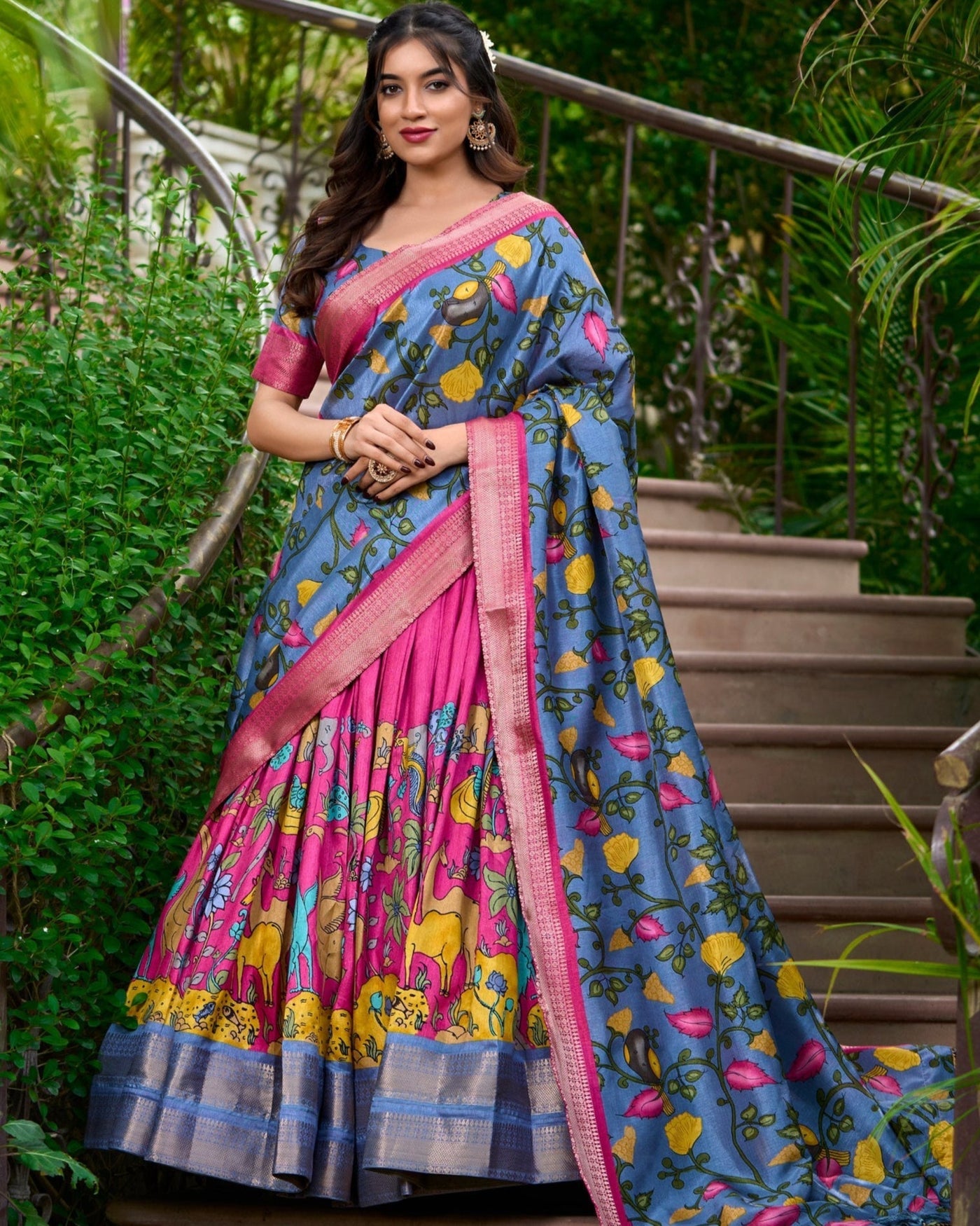 Rosewood Pink & Azure Blue Kalamkari Dola Silk Lehenga Set – A Timeless Expression of Heritage & Elegance