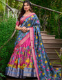 Rosewood Pink & Azure Blue Kalamkari Dola Silk Lehenga Set – A Timeless Expression of Heritage & Elegance