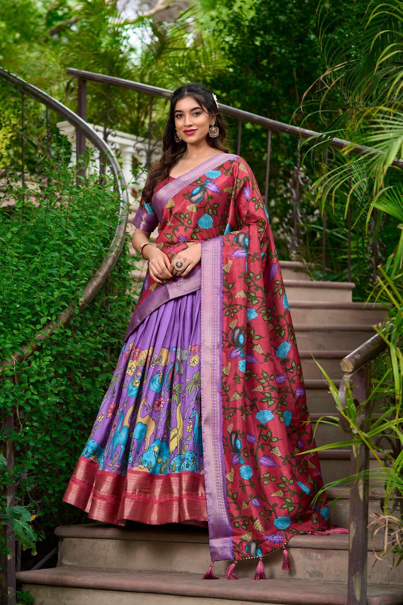 Crimson Rouge & Royal Violet Kalamkari Dola Silk Lehenga Set – A Masterpiece of Tradition & Elegance