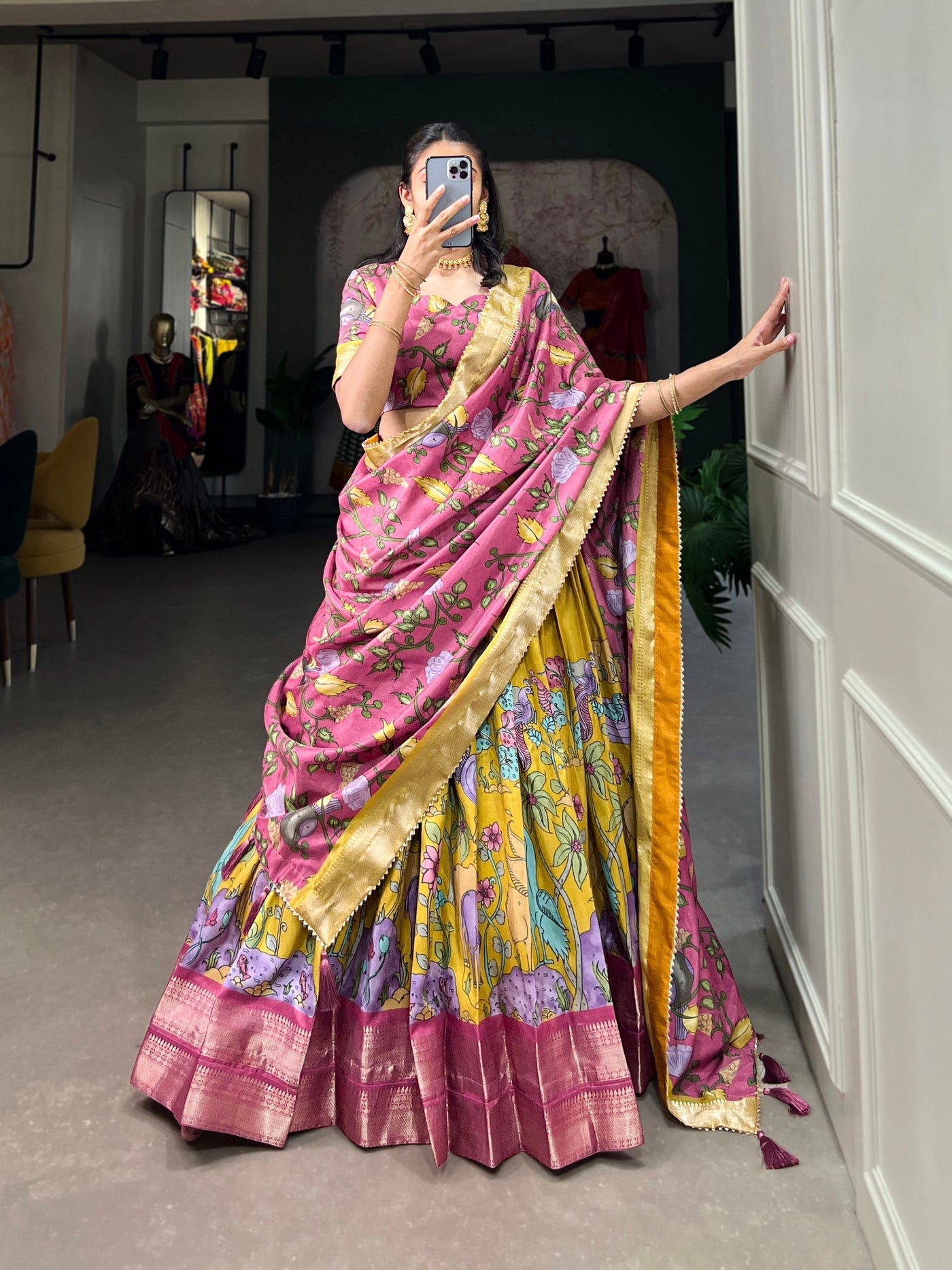 Regal Fuchsia & Golden Mustard Kalamkari Dola Silk Lehenga Set – A Masterpiece of Heritage & Elegance