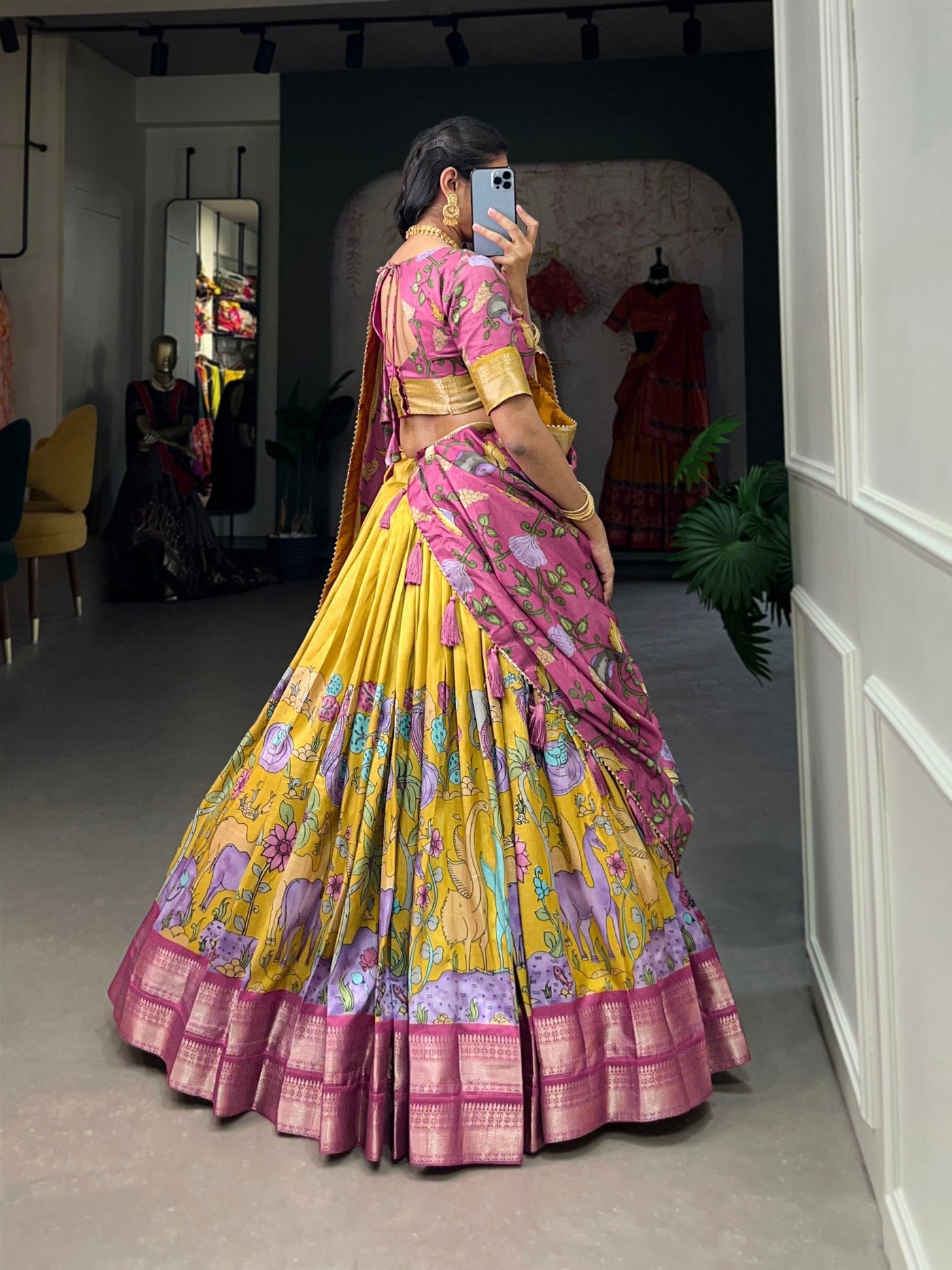 Regal Fuchsia & Golden Mustard Kalamkari Dola Silk Lehenga Set – A Masterpiece of Heritage & Elegance