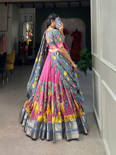 Rosewood Pink & Azure Blue Kalamkari Dola Silk Lehenga Set – A Timeless Expression of Heritage & Elegance