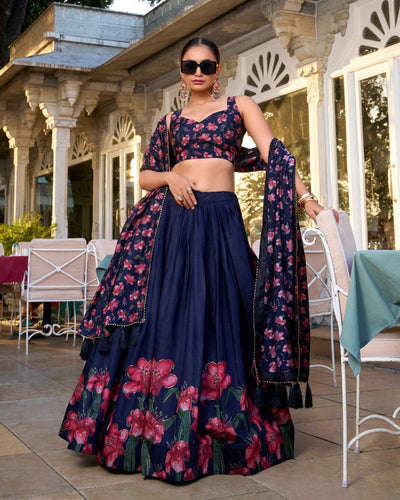 Navy Blue & Scarlet Floral Tussar Silk Lehenga Set – A Statement of Grace & Elegance