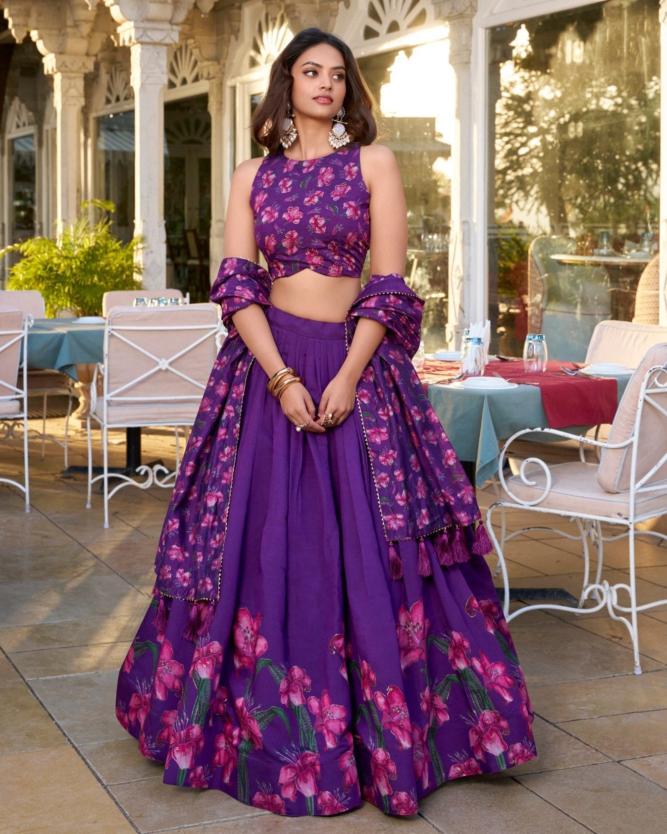 Royal Plum Blossom Tussar Silk Lehenga Set – A Floral Symphony of Elegance & Grace