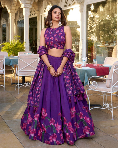 Royal Plum Blossom Tussar Silk Lehenga Set – A Floral Symphony of Elegance & Grace