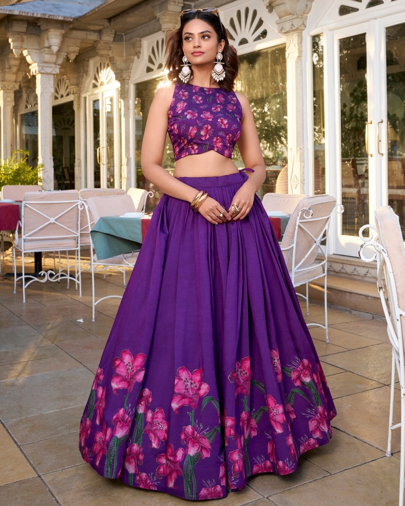 Royal Plum Blossom Tussar Silk Lehenga Set – A Floral Symphony of Elegance & Grace