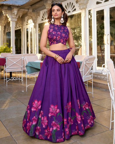 Royal Plum Blossom Tussar Silk Lehenga Set – A Floral Symphony of Elegance & Grace