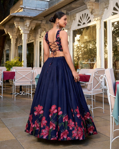 Navy Blue & Scarlet Floral Tussar Silk Lehenga Set – A Statement of Grace & Elegance