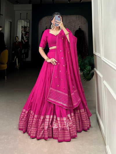 Magenta Chanderi Lehenga Set with Zari Weaving Border & Sequin Embellished Dupatta