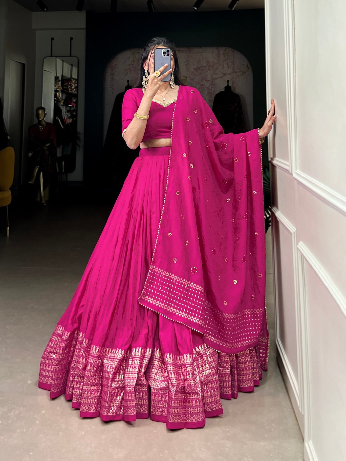 Magenta Chanderi Lehenga Set with Zari Weaving Border & Sequin Embellished Dupatta