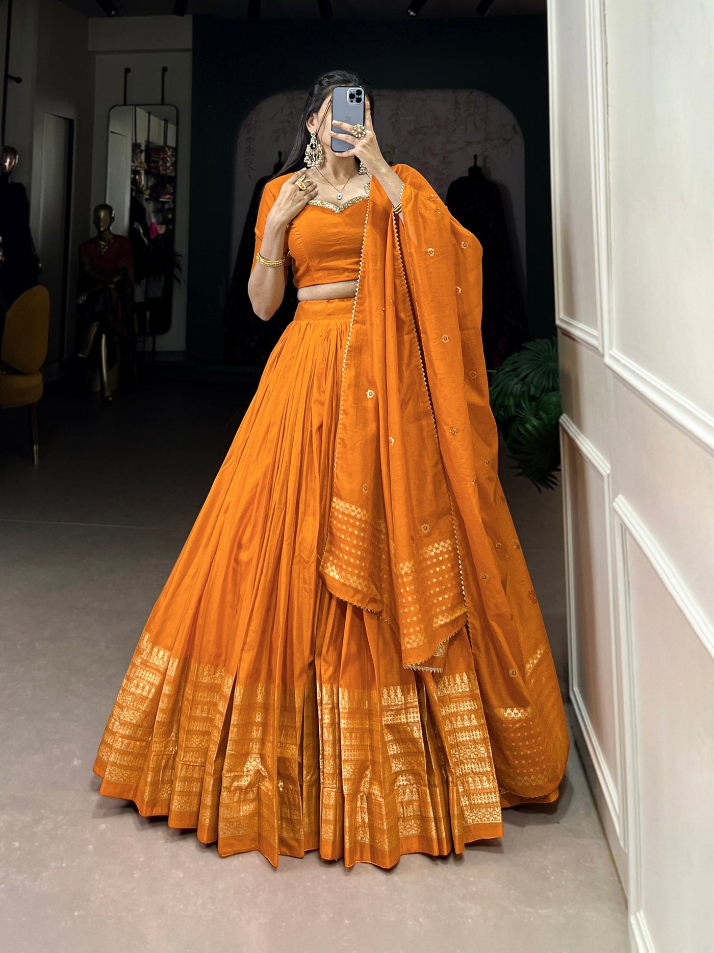 Orange Chanderi Lehenga Set with Zari Weaving Border & Sequin Embellished Dupatta