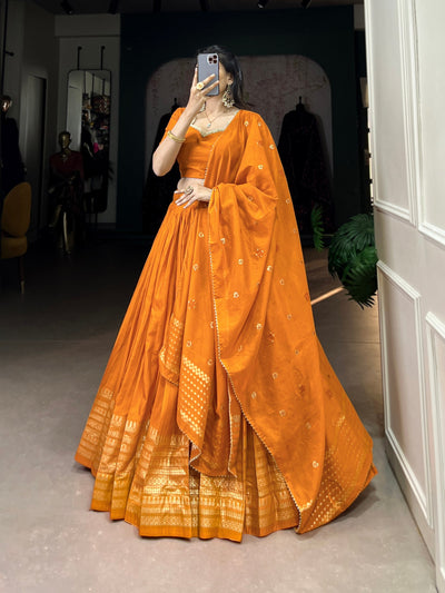 Orange Chanderi Lehenga Set with Zari Weaving Border & Sequin Embellished Dupatta