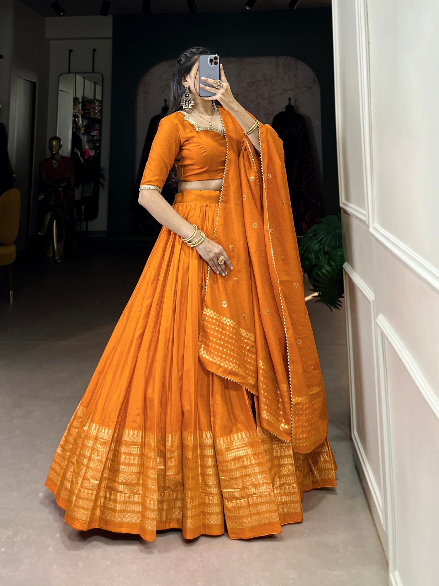 Orange Chanderi Lehenga Set with Zari Weaving Border & Sequin Embellished Dupatta