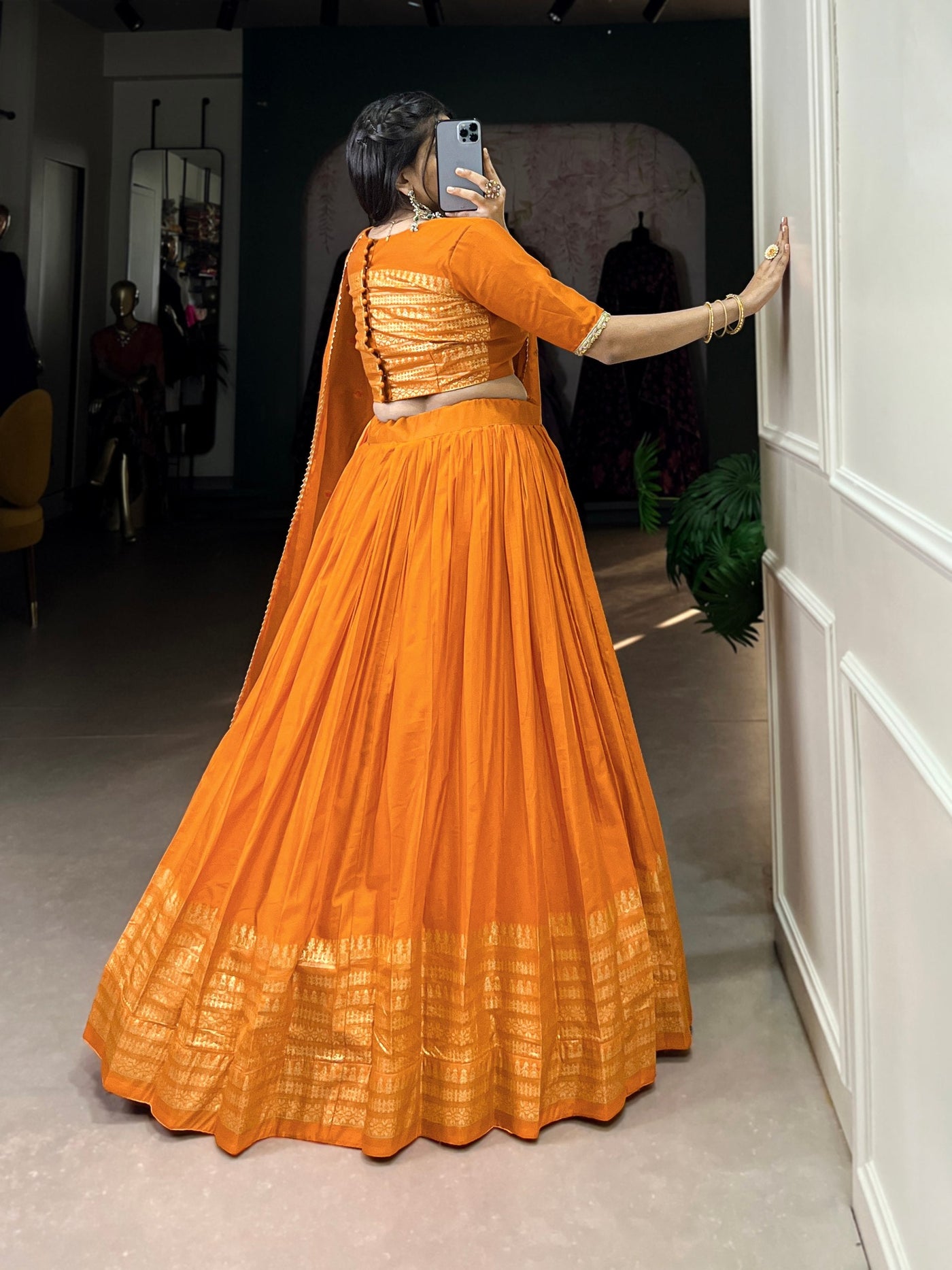 Orange Chanderi Lehenga Set with Zari Weaving Border & Sequin Embellished Dupatta