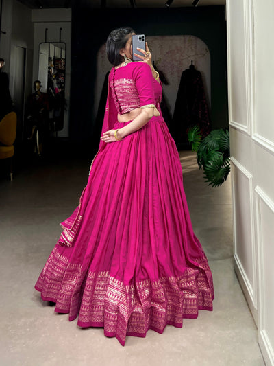 Magenta Chanderi Lehenga Set with Zari Weaving Border & Sequin Embellished Dupatta