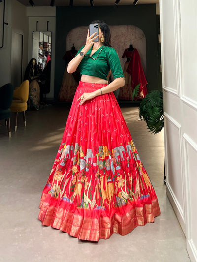 Vibrant Red & Green Kalamkari Print Dola Silk Lehenga Set – A Regal Masterpiece 🌿❤️