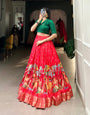 Vibrant Red & Green Kalamkari Print Dola Silk Lehenga Set – A Regal Masterpiece 🌿❤️