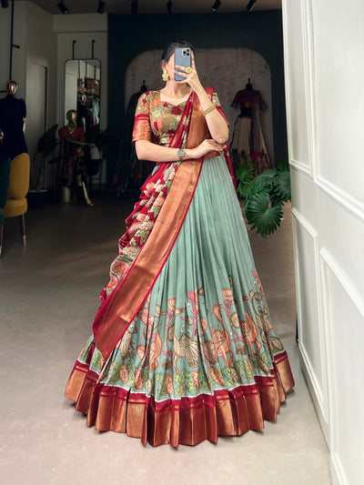 Scarlet Red & Sage Green Kalamkari Dola Silk Lehenga Set – A Harmonious Blend of Heritage & Elegance