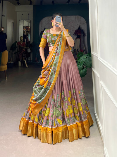 Blush Mauve & Golden Ochre Kalamkari Dola Silk Lehenga Set – A Majestic Weave of Heritage & Artistry