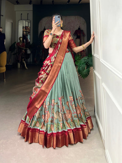 Scarlet Red & Sage Green Kalamkari Dola Silk Lehenga Set – A Harmonious Blend of Heritage & Elegance