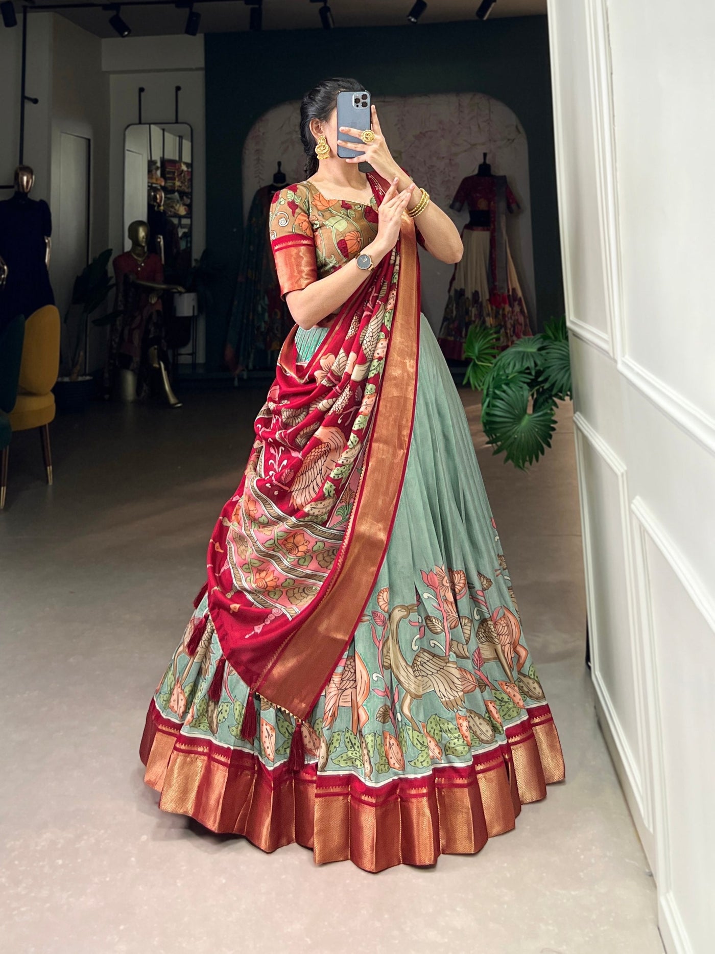 Scarlet Red & Sage Green Kalamkari Dola Silk Lehenga Set – A Harmonious Blend of Heritage & Elegance