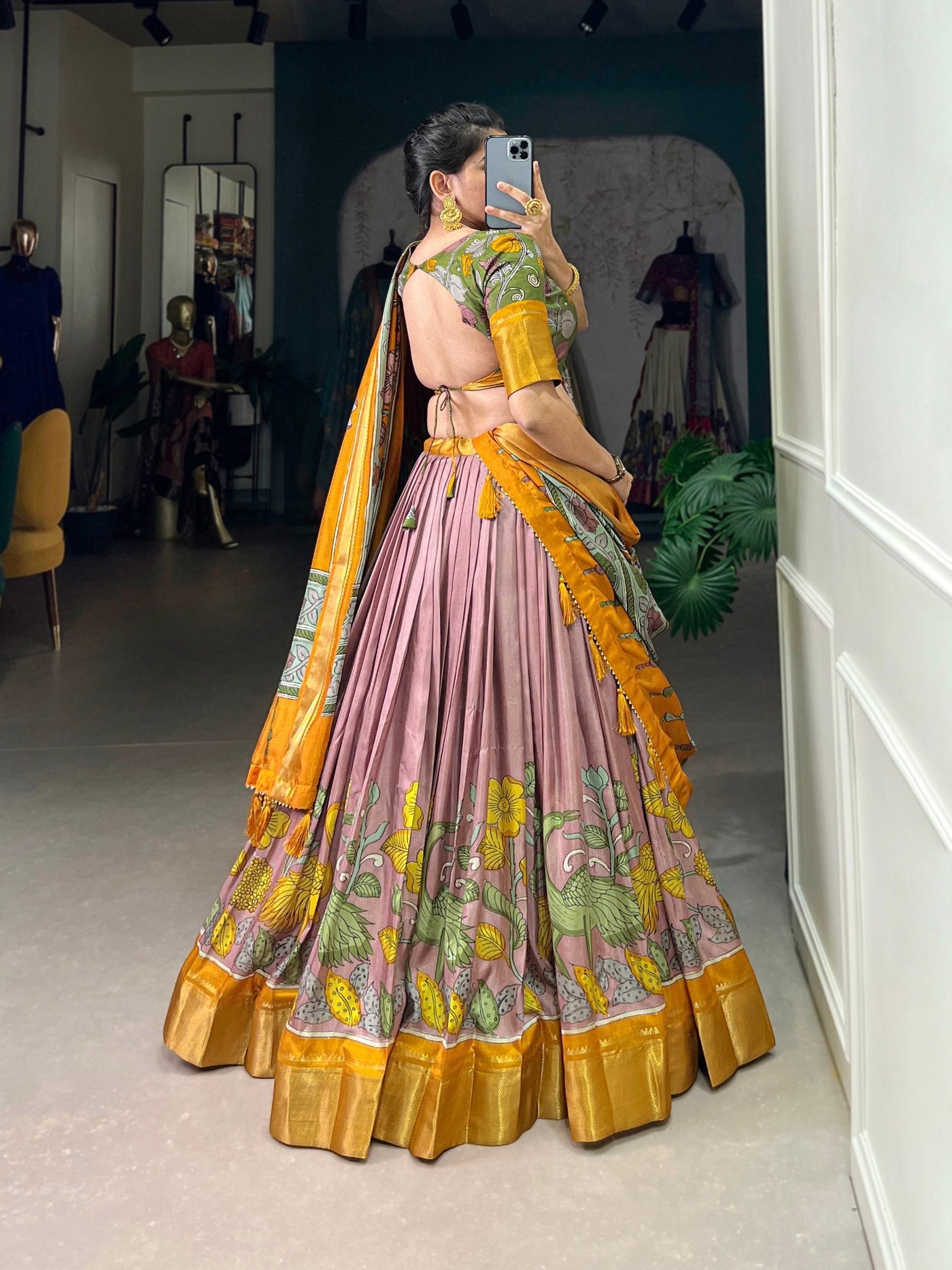 Blush Mauve & Golden Ochre Kalamkari Dola Silk Lehenga Set – A Majestic Weave of Heritage & Artistry