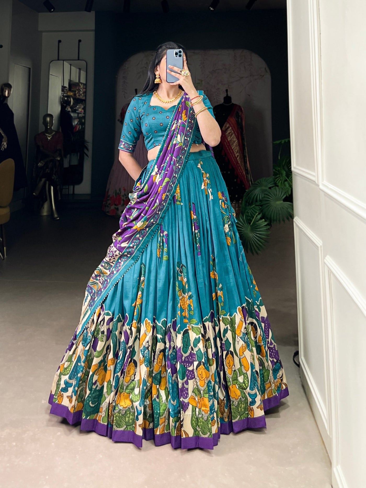 Teal Blue & Royal Purple Kalamkari Tussar Silk Lehenga Set – A Regal Statement of Heritage & Grandeur