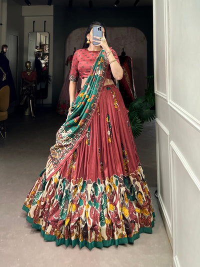 Rust & Emerald Green Tussar Silk Kalamkari Lehenga Set – A Celebration of Art & Tradition