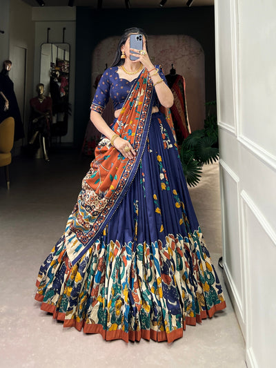 Royal Midnight Blue & Rust Kalamkari Tussar Silk Lehenga Set – A Statement of Cultural Grandeur