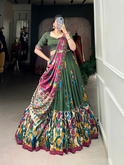 Green & Burgundy Kalamkari Dola Silk Lehenga Set – A Fusion of Tradition & Contemporary Elegance