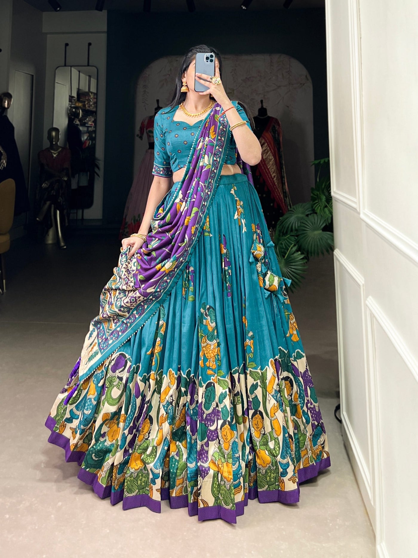 Teal Blue & Royal Purple Kalamkari Tussar Silk Lehenga Set – A Regal Statement of Heritage & Grandeur