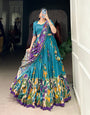 Teal Blue & Royal Purple Kalamkari Tussar Silk Lehenga Set – A Regal Statement of Heritage & Grandeur