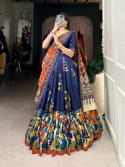 Royal Midnight Blue & Rust Kalamkari Tussar Silk Lehenga Set – A Statement of Cultural Grandeur