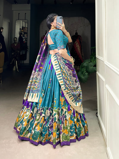 Teal Blue & Royal Purple Kalamkari Tussar Silk Lehenga Set – A Regal Statement of Heritage & Grandeur