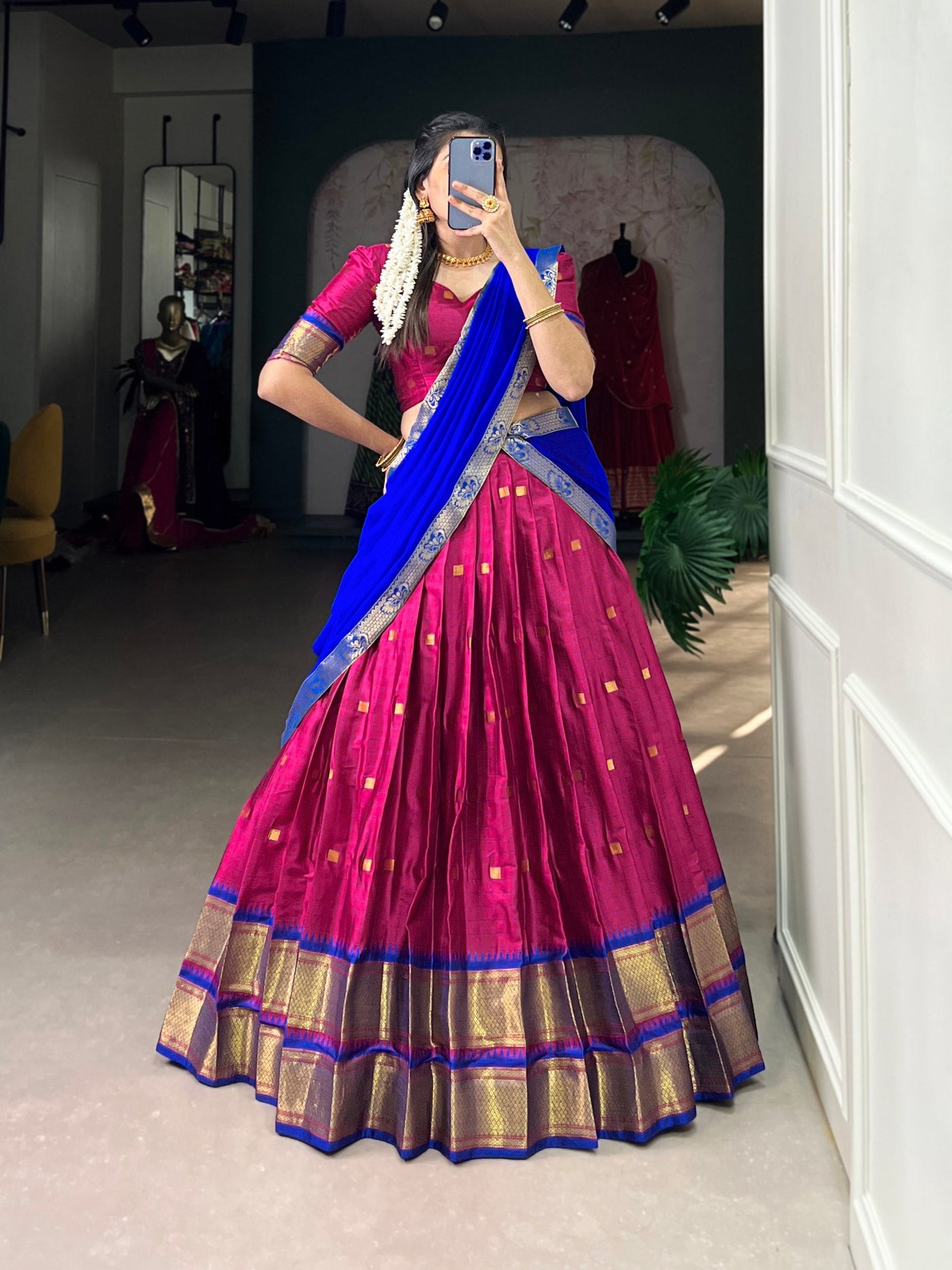 Elegant Pink and Blue Paithani Cotton Silk Lehenga Choli with Zari Weaving Border & Contrasting Dupatta