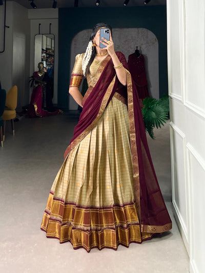 Golden Beige & Maroon Cotton Silk Paithani Lehenga Set – Traditional Elegance with a Modern Touch