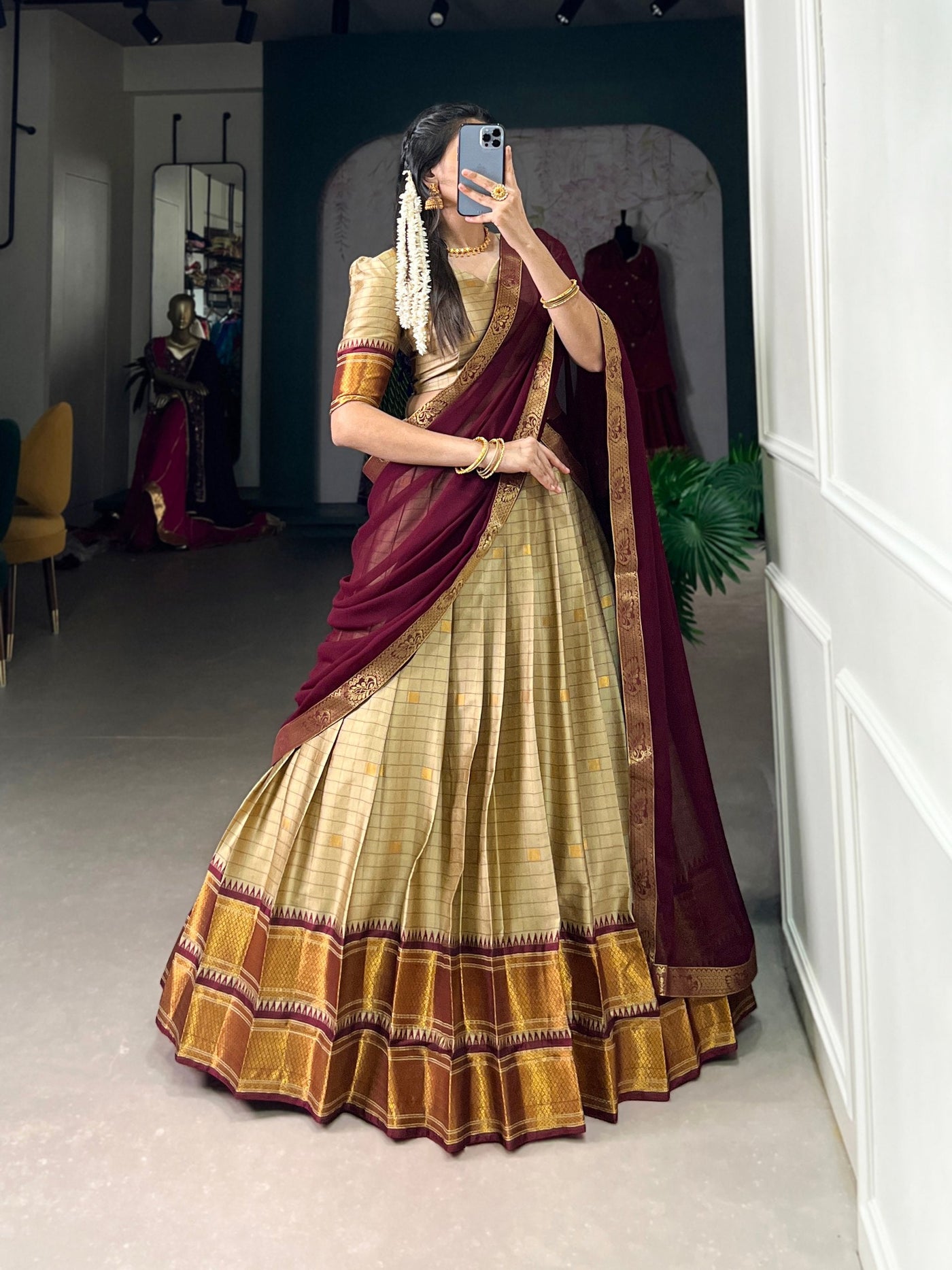 Golden Beige & Maroon Cotton Silk Paithani Lehenga Set – Traditional Elegance with a Modern Touch