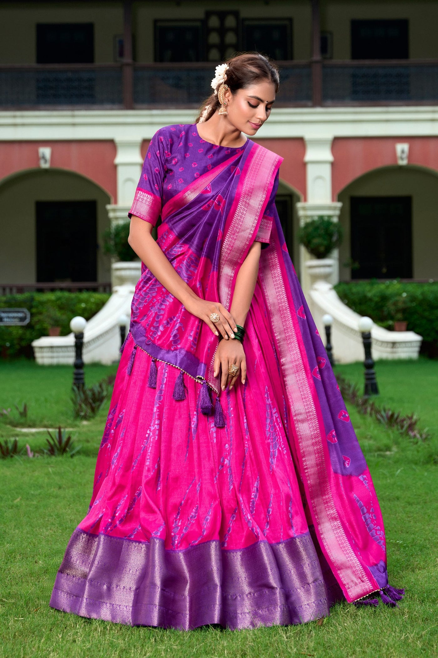 Pink & Purple Shibori Print Dola Silk Lehenga Choli with Zari Weaving Border ✨