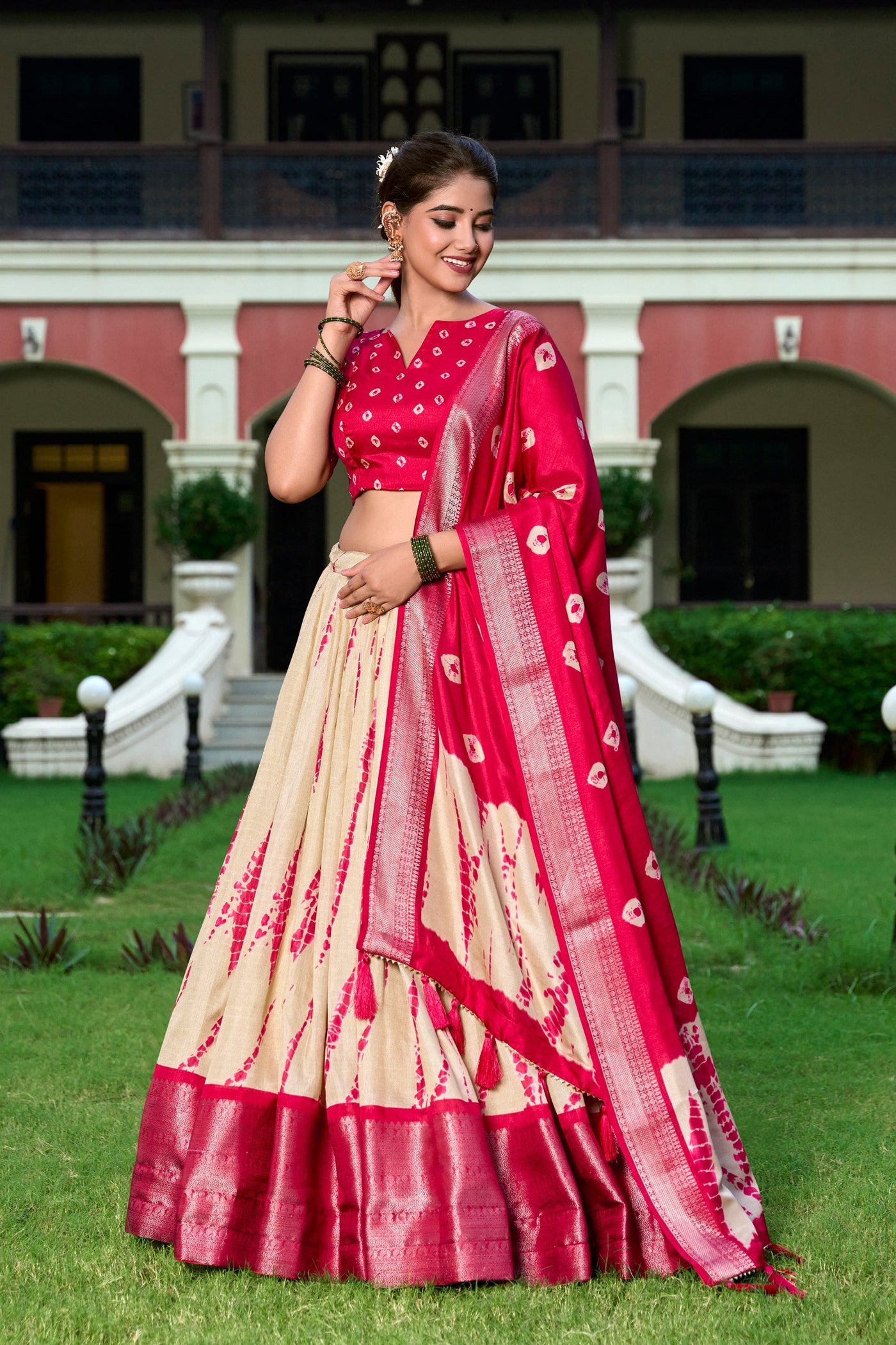 Shibori Print Dola Silk Lehenga Choli Set – Red & Ivory with Zari Weaving Border